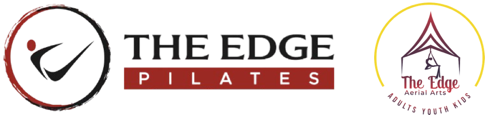 The Edge Pilates logo with circle icon beside The Edge Aerial Arts logo showing a tent and text for adults, youth, kids.