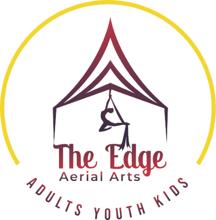 The Edge Aerial Arts logo: maroon tent silhouette with aerialist, yellow arc, and text for adults, youth, kids.