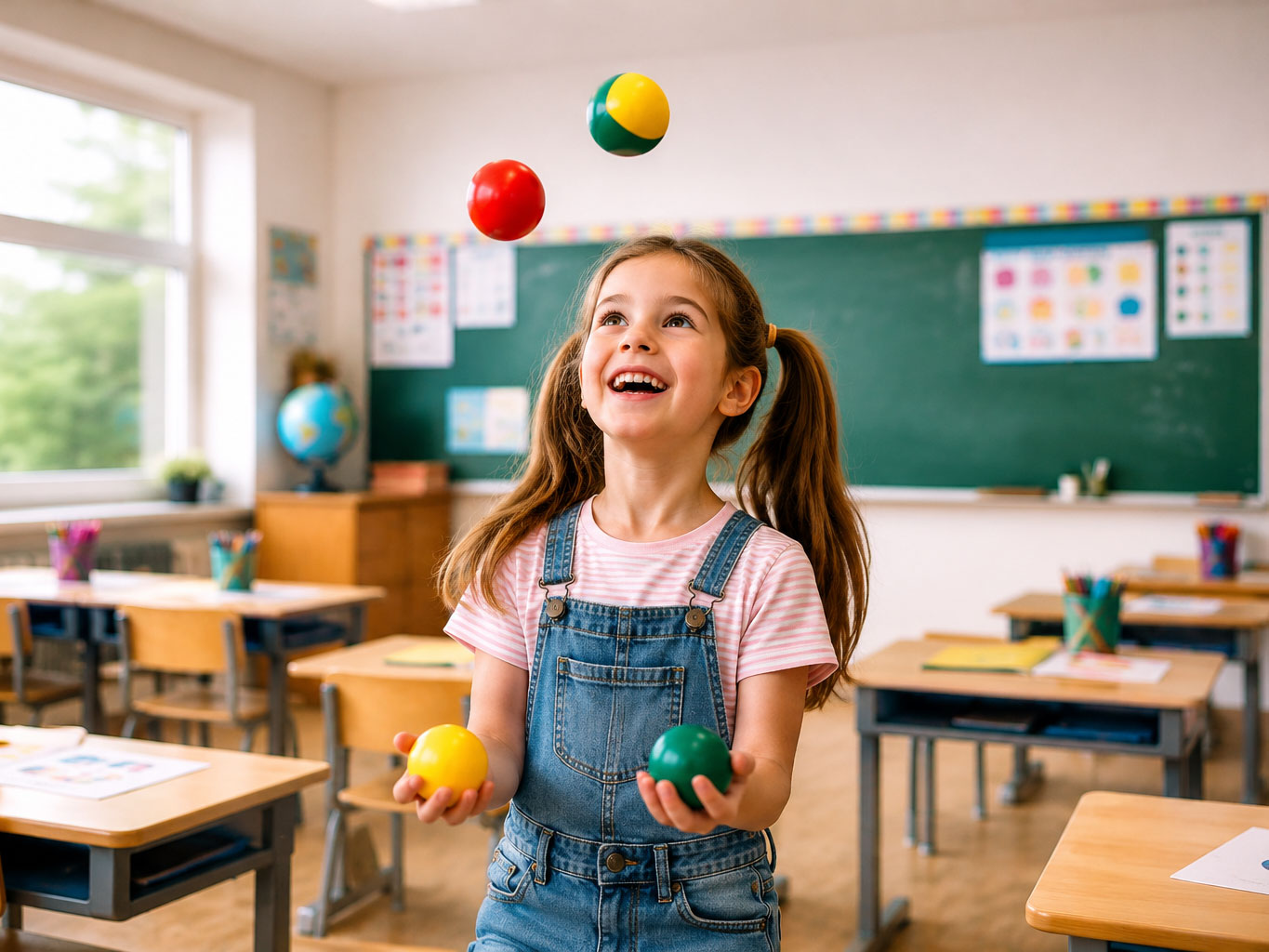 Girl in denim overalls juggling colorful balls in a bright classroom with desks, chalkboard and globe.